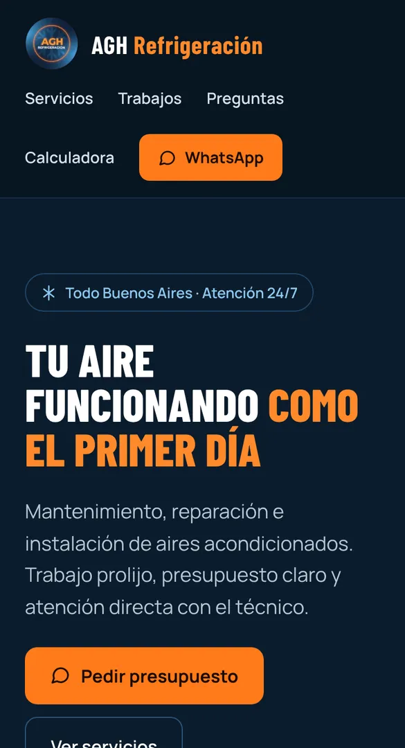 Captura de la web de AGH Refrigeración