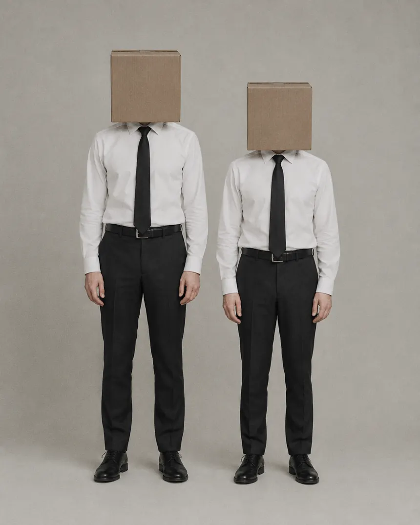 Dos hombres de camisa y corbata, uno al lado del otro, con una caja de cartón en lugar de cabeza.